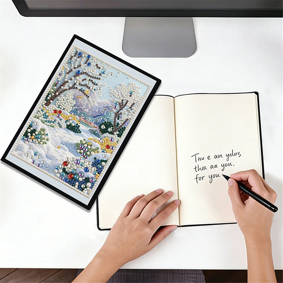 Winter Forest Partial Pearl DIY 50 Pages A5 Diamond Painting Notebook Special Shaped Diamond Art Diary Book Kits Wireless Strip 5D Crystal Art Paintings Sketchbook for Art Drawing