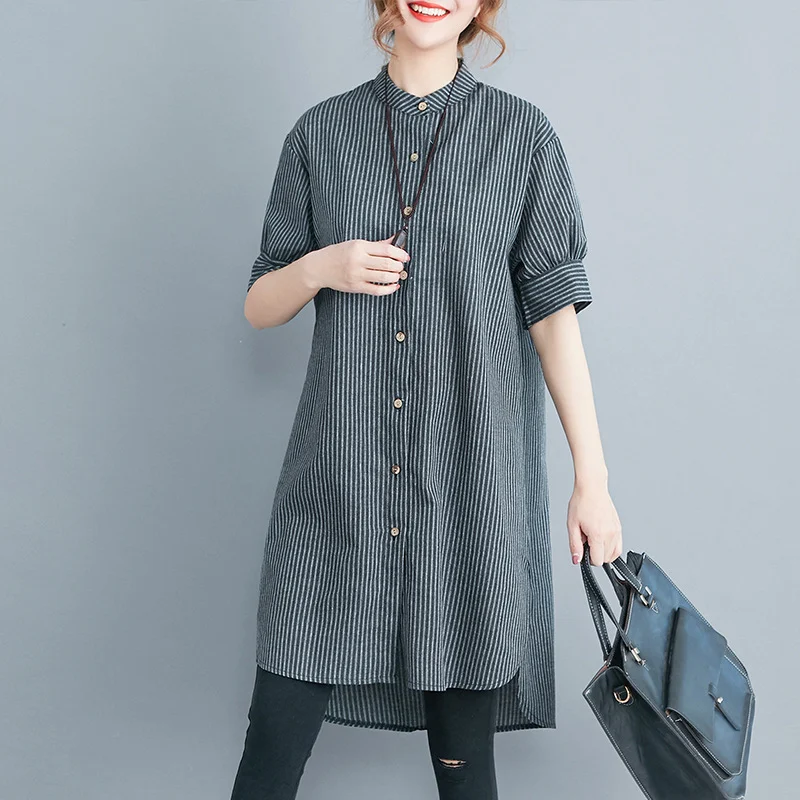 Uveng Uveng Summer New Cotton Lint Style Loose Large-Size Striped Shirt Women Long-Term Collar Shirt