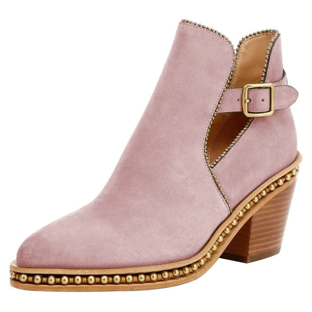 Vegan Suede Studded Stacked Heel Buckle Strap Ankle Boots in Pink