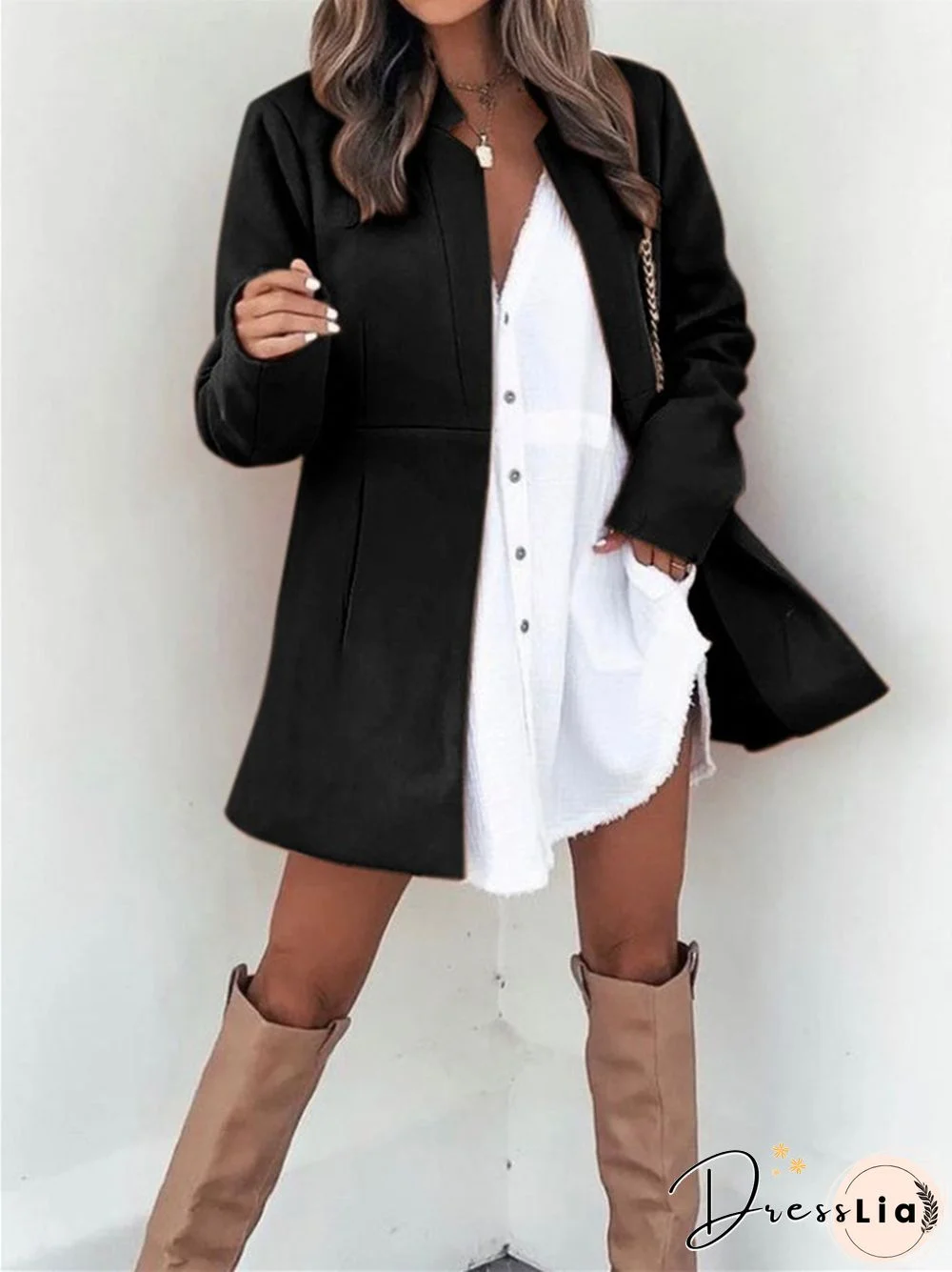Solid Color Slim Long Sleeve Pocket Ladies Coat
