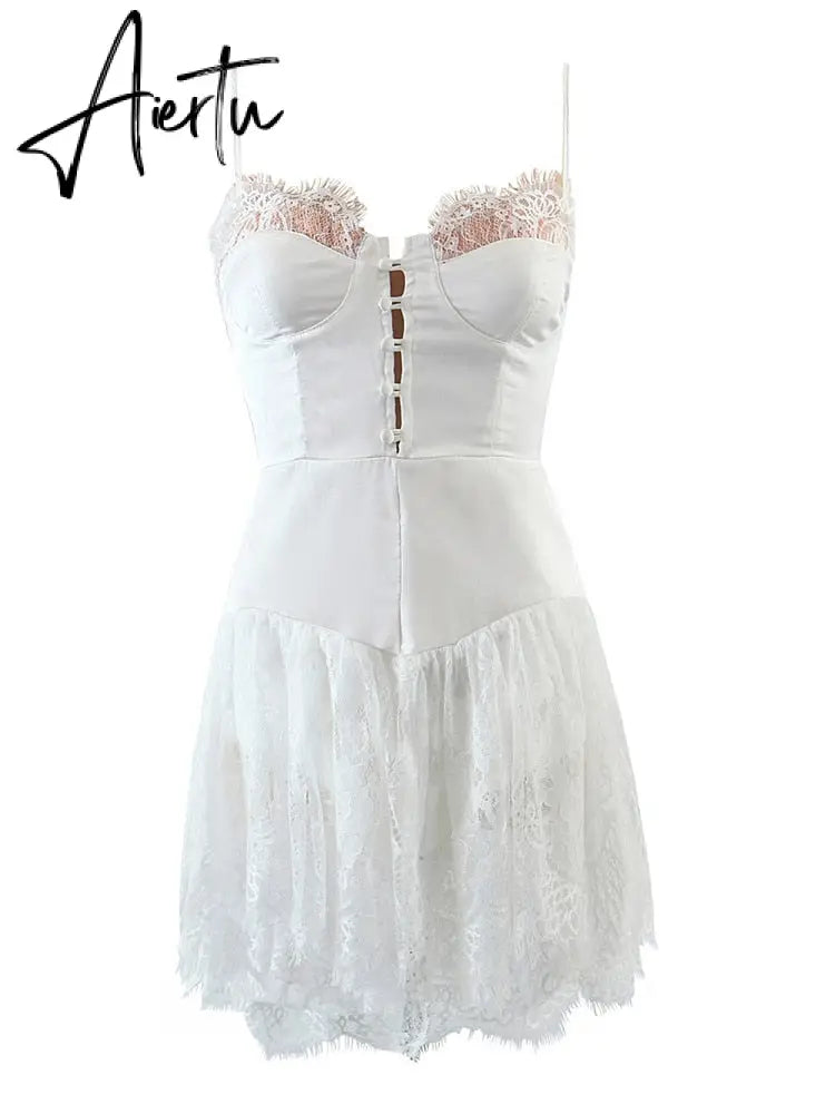 Sexy Solid White Stitching Lace Bra Corset style Spaghetti Strap Mini Dress Women Backless Party Skater Short Sling Robe Aiertu