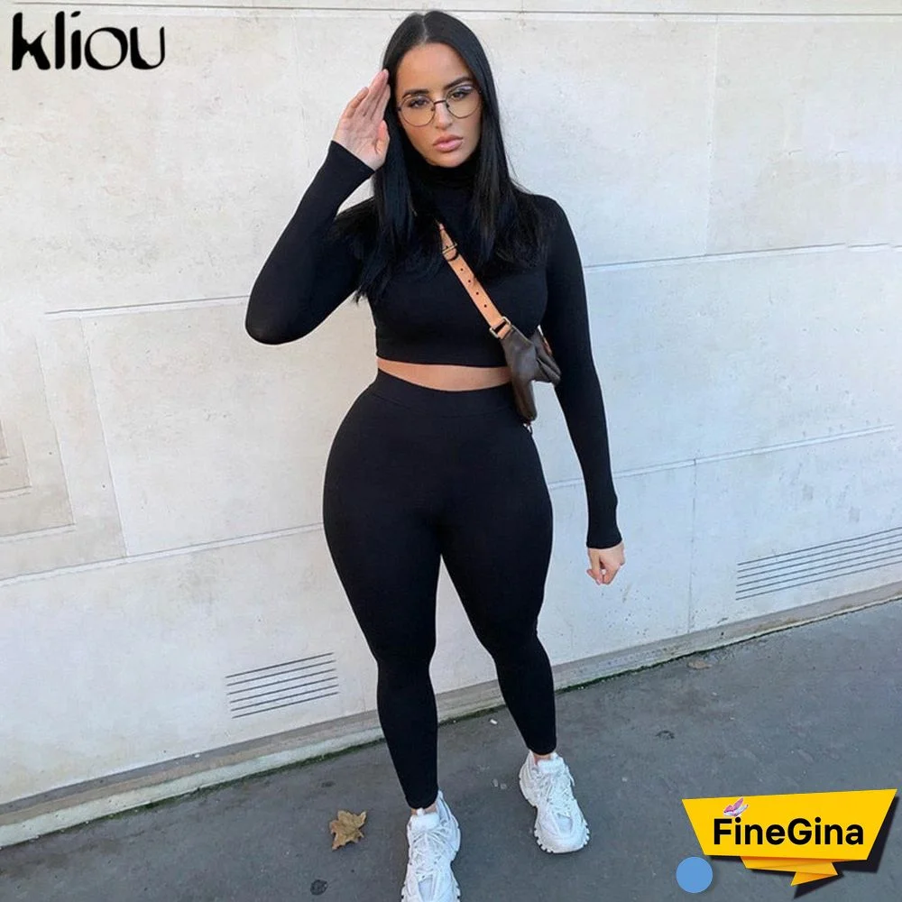 Kliou fashion tracksuit women turtleneck full sleeveless crop top+leggings matching set stretchy sporty fitness casual outfits