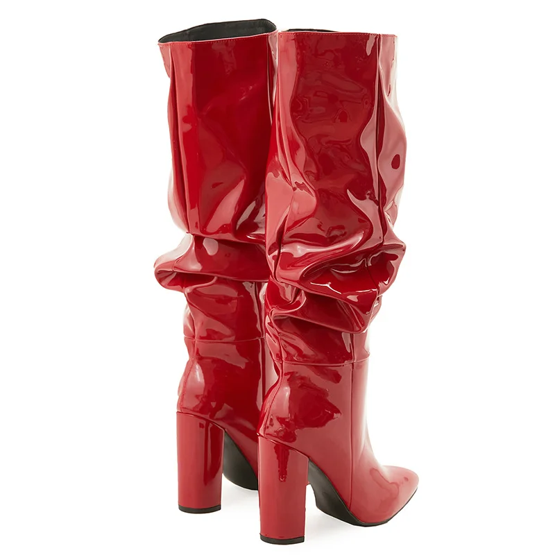 Yyvonne Large-Size Show Patent Skin Naturally Wrinkled Sharp Head Thick And Female High Heels Boots
