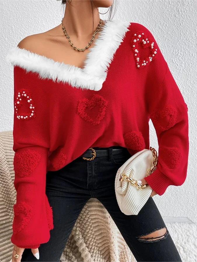 Women's Valentine's Day Red Heart Plush V-neck Casual Pullover