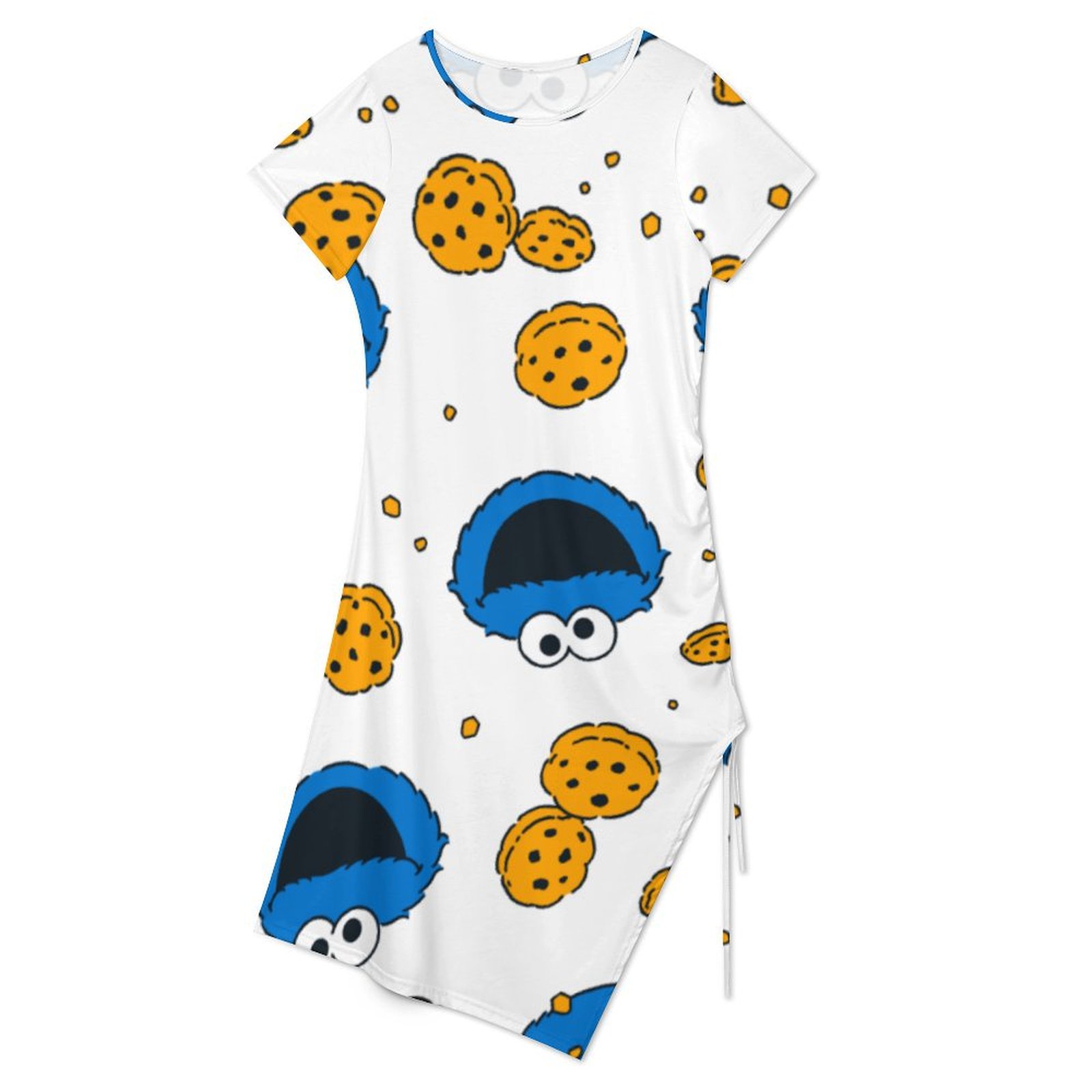 Cookie Monster C Is For Cookie  Drawstring Round Neck Irregular Dress Women Short Sleeve Bodycon Split Mini Dress Coolcoshirts