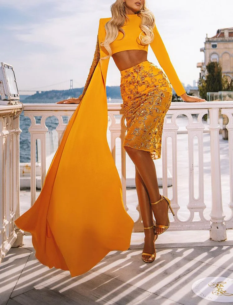 Yellow top skirt shiny waist two-piece suit evening gown