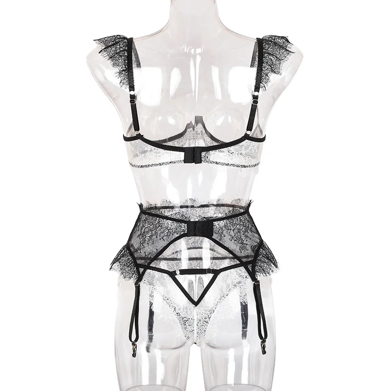 Billionm Women Lingerie Lace Bralette Set 3 Pieces Tassels Transparent Bra and Underwear Sets Sexy See Through Langerie Underwear for Sex