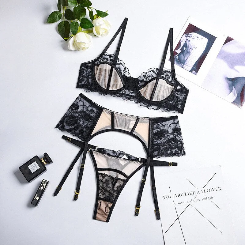 Yimunancy 3-Piece Embroidery Lace Bra Set Women Patchwork Transparent Floral Bra + Panty Underwear Set Ladies Sexy Lingerie Set