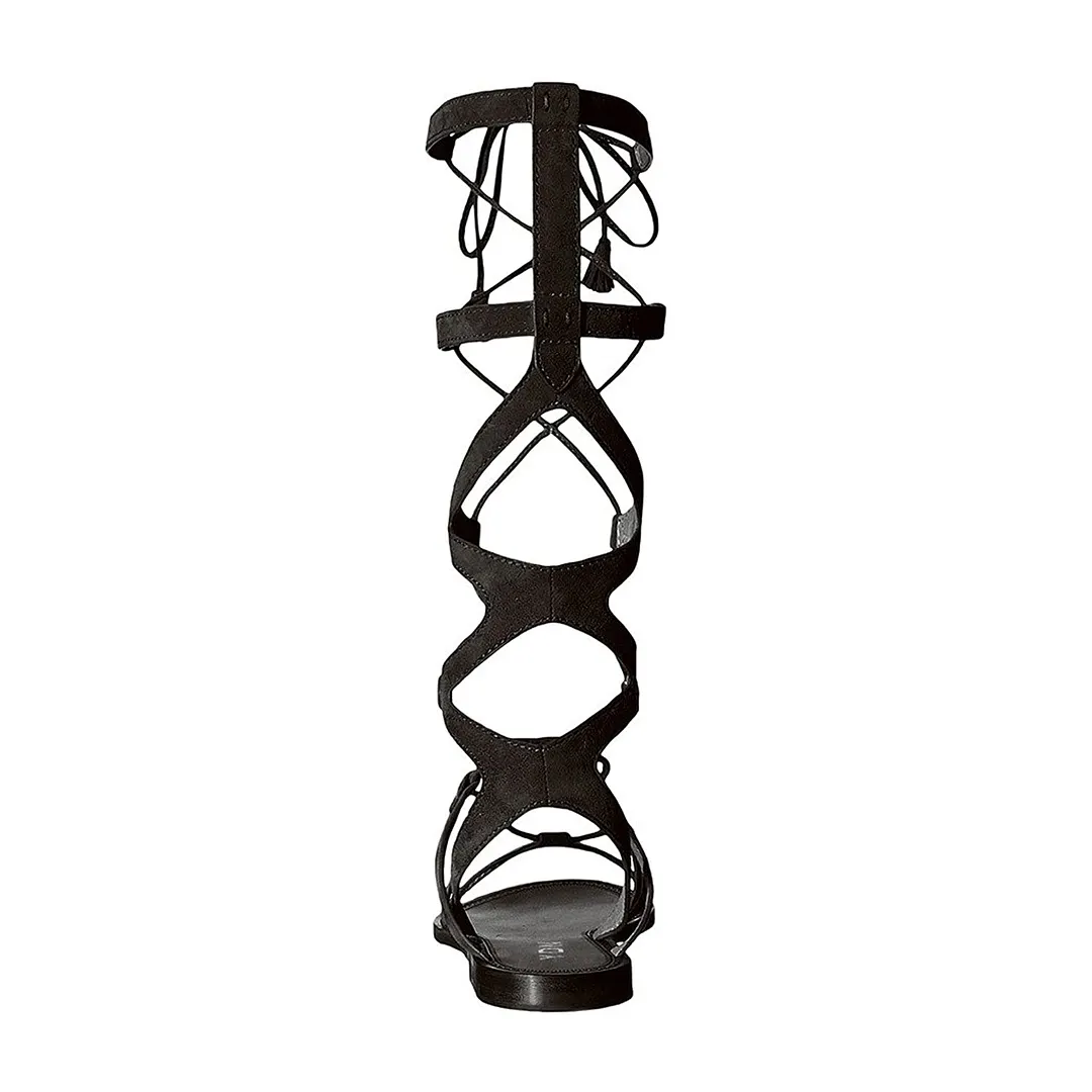 Knee High Open Toe Flat Lace Up Gladiator Black Sandals for Women