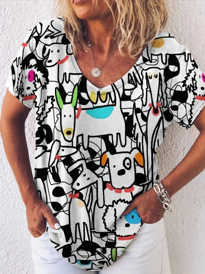 Women's Funny dog print V-neck T-shirt