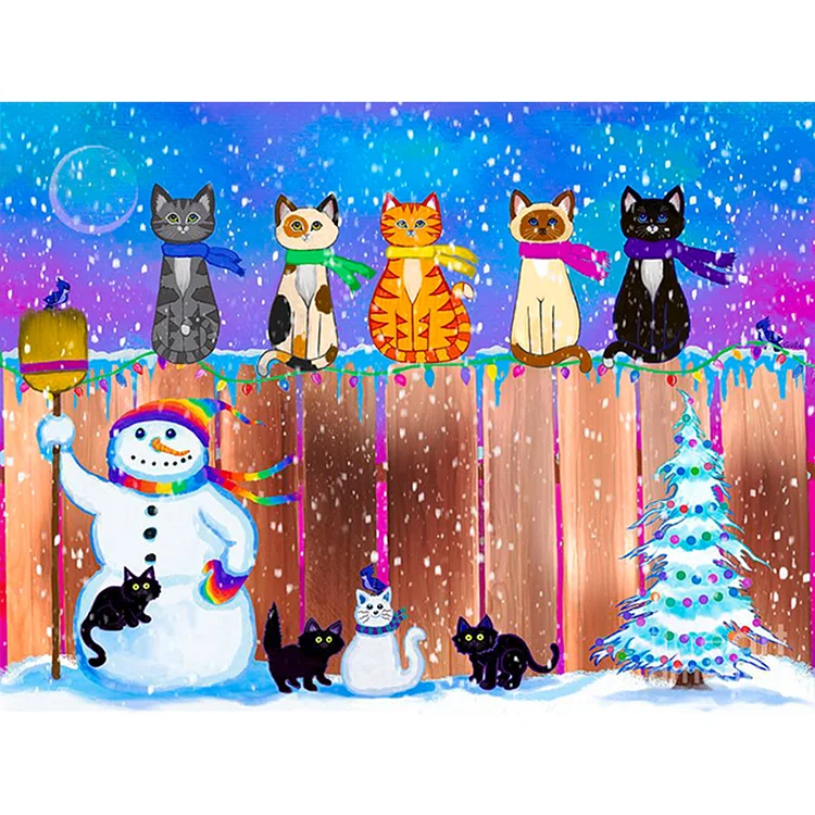 Full Round Diamond Painting - Five Cats And One Snowman 40*30CM