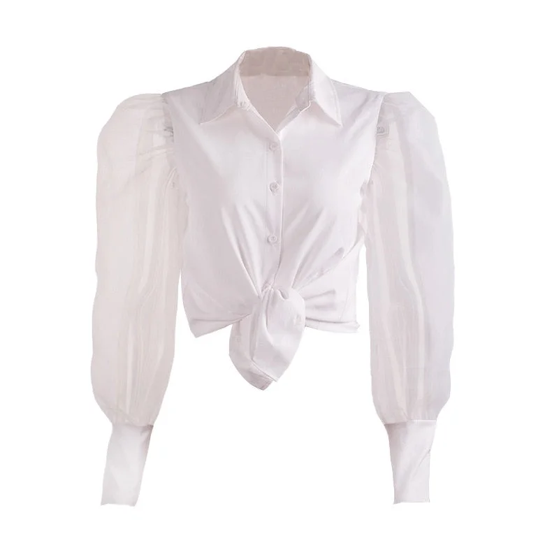 Vintage Blouse Women Patchwork Puff Long Sleeve Elegant Ladies White Shirt Fashion Designed Organza Transparent Tops