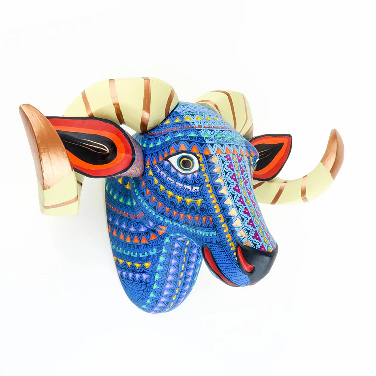 Bighorn Ram Head Wall Mount - Oaxacan Alebrije Wood Carving