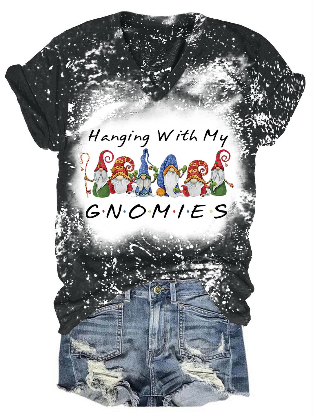 Hanging With My Gnomies Funny Christmas Friend Print V-neck T-shirt