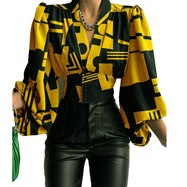 Uveng Uveng Explosion Spring New Temperament Button V-Neck Lantern Sleeve T-Shirt