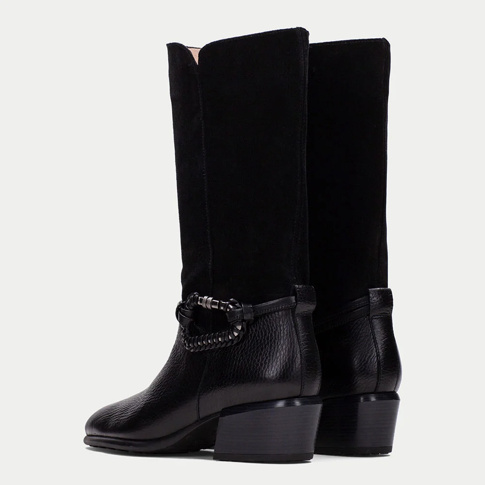 Closed Toe Block Heel Mid Calf Black Cowgirl Boots for Women