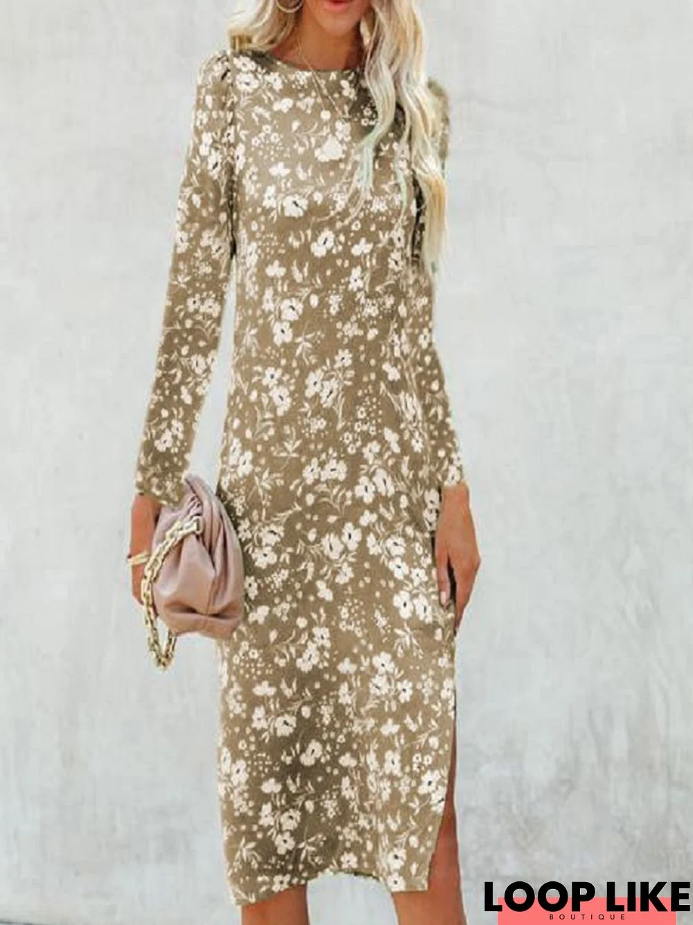 Floral Dress Long Sleeve Hem Split Dress