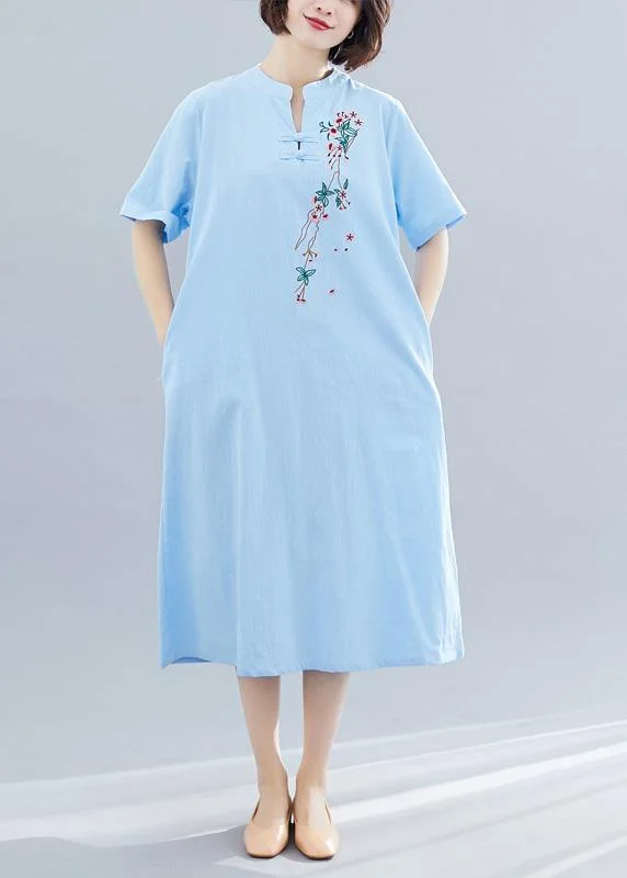 Women Chinese Button cotton Tunics Shape blue A Line Dress summer