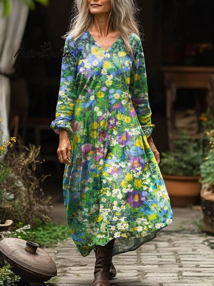 Women's Lovely Floral Art Print Pocket Cotton Dress