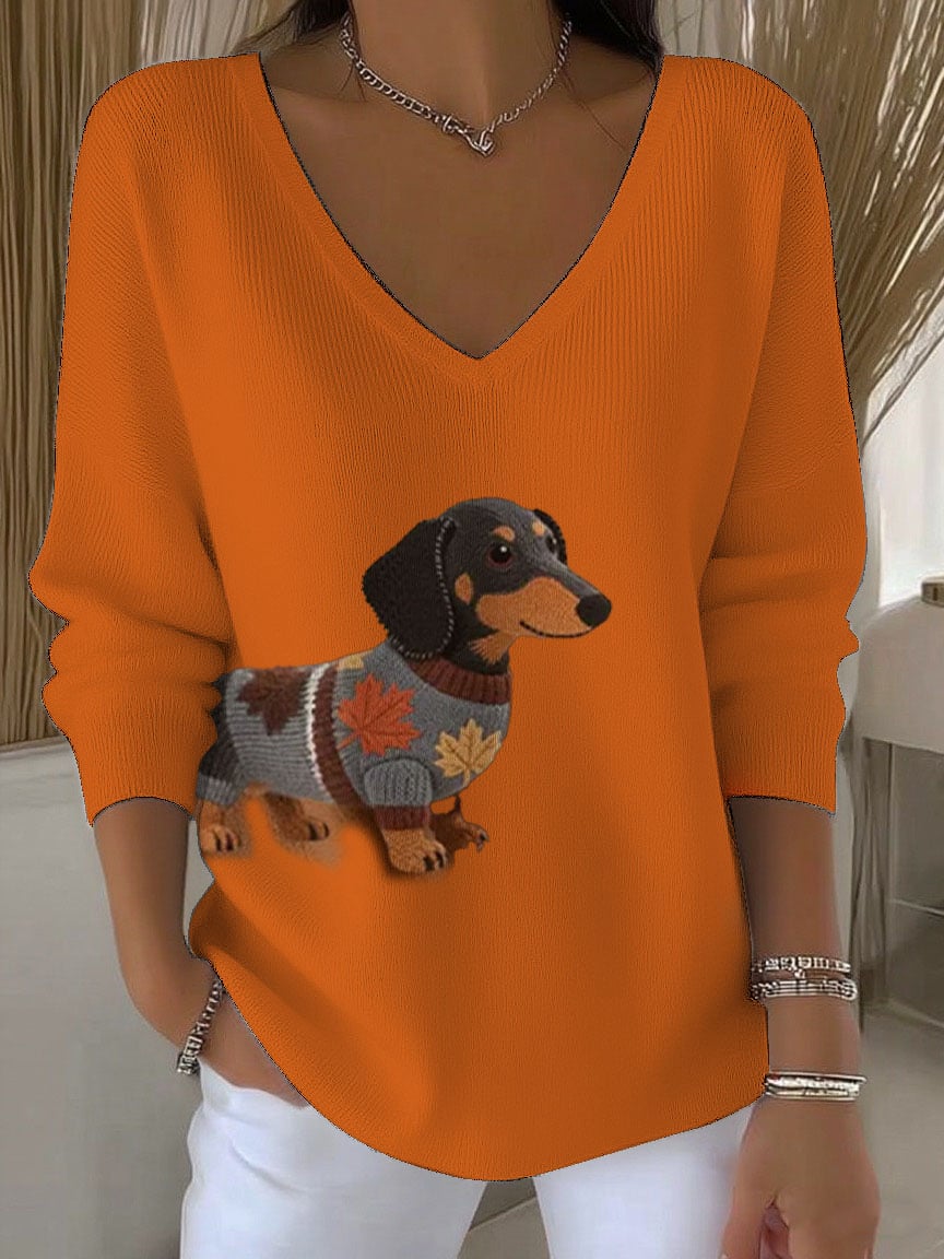 Women's Autumn Faux Embroidered Dachshund Print Casual Top 