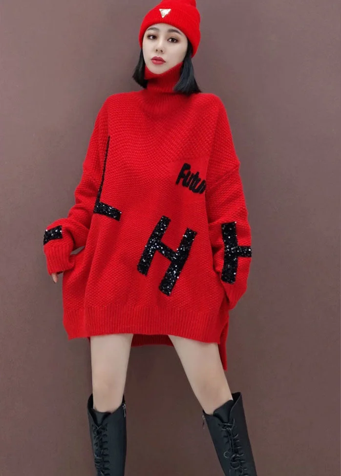 Plus Size Red Turtle Neck fashion Knitted Dress Winter