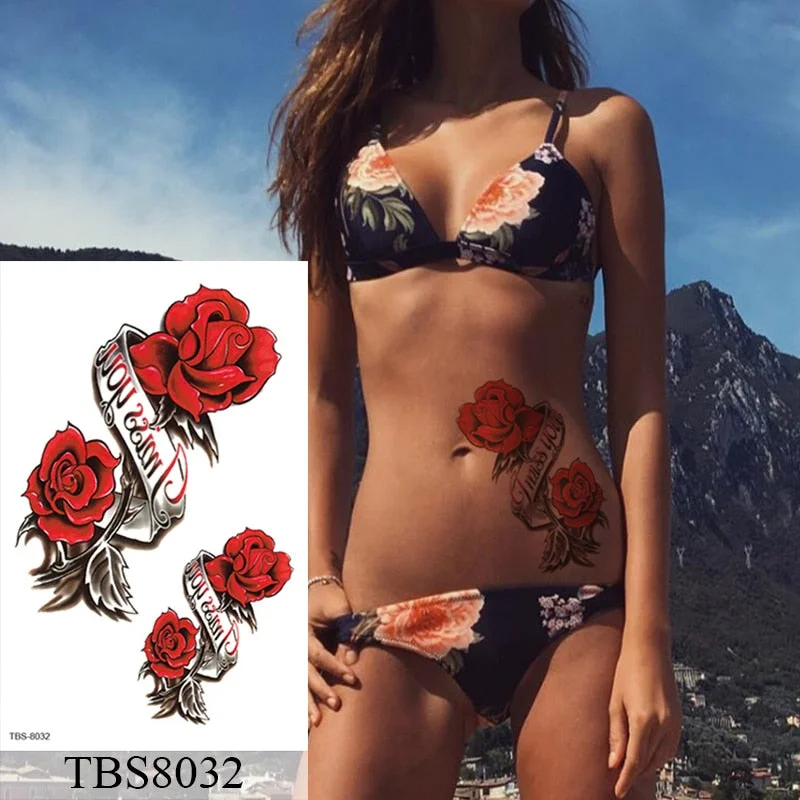 Waterproof Temporary Tattoo Sticker Flower Peony Rose Sketches Flash Tattoos Black Henna Body Art Arm Fake Tatoo Women Men
