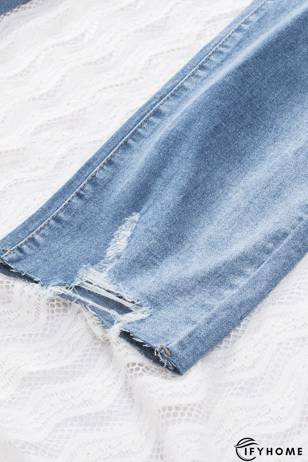 Sky Blue Distressed Holes Frayed Hem Plus Size Jeans | IFYHOME