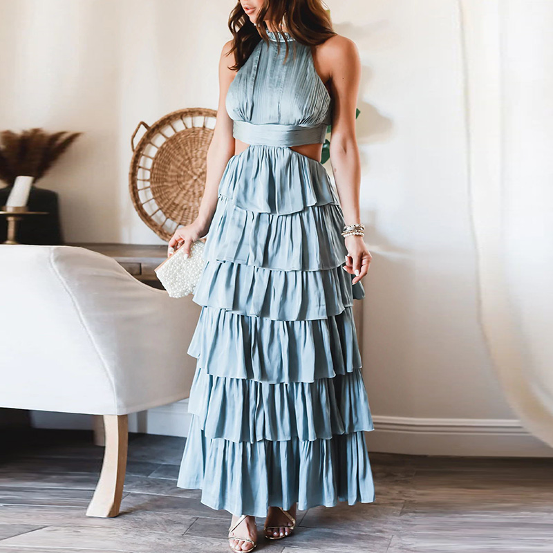 Sexy High Waist Sleeveless Bohemian Hollow Ruffle Cake Halter Neck Maxi Dress