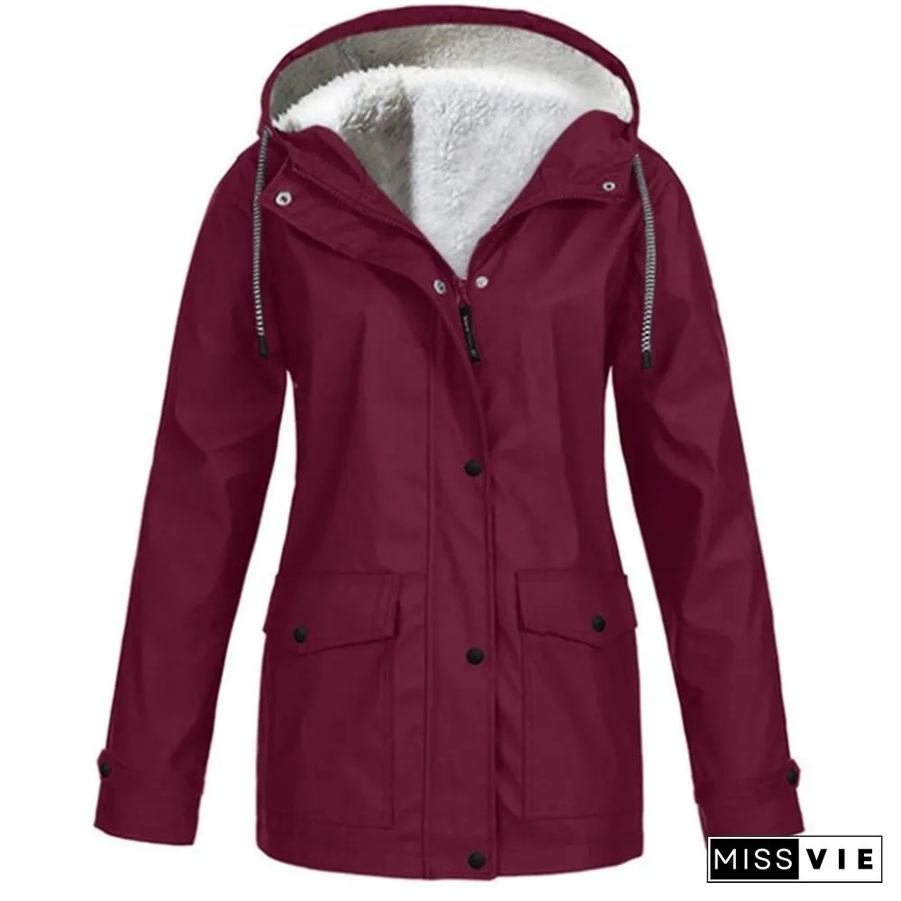 Womens Fashion All Seasons Outdoor Waterproof Rain Jacket Casual Loose Plus Size Hooded