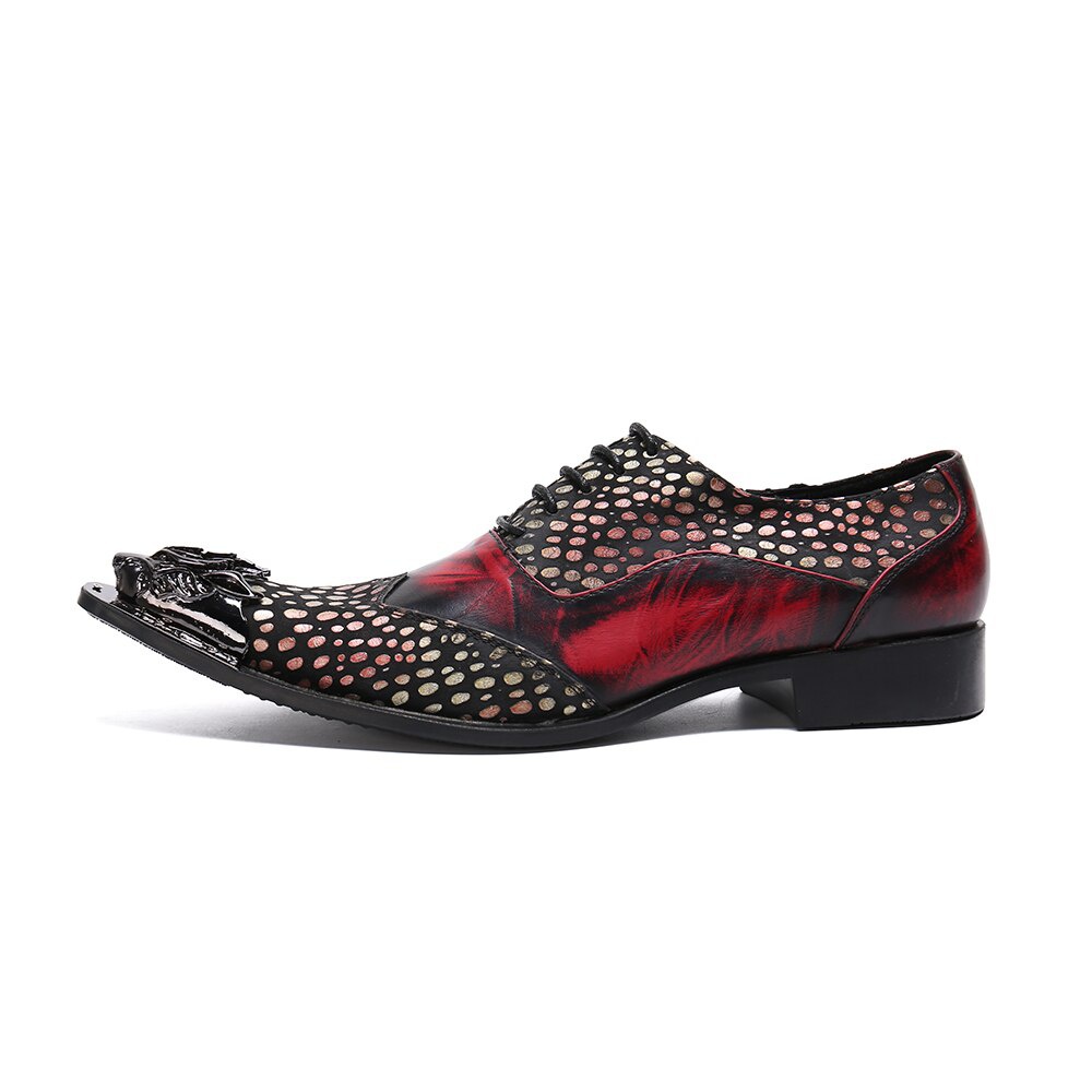 Print Leather Men Shoes Plus Size Lace Up Metal Pointed Toe Formal Dress Shoes
