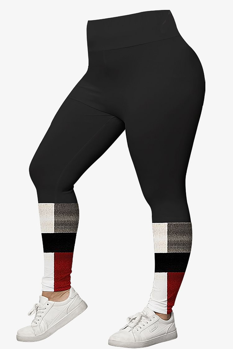 Flycurvy Plus Size Casual Multicolor Colorblock Stitching Print Legging  Flycurvy [product_label]