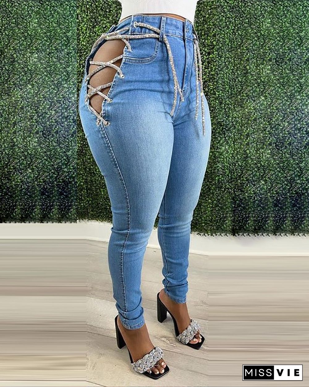 Eyelet Lace-up Cutout High Waist Jeans