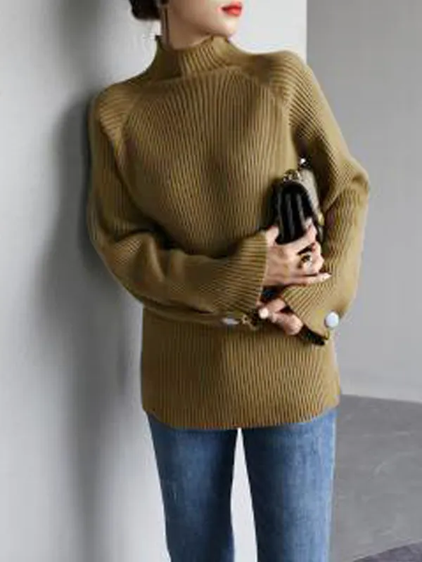 Long Sleeve High Neck Solid Color Sweater