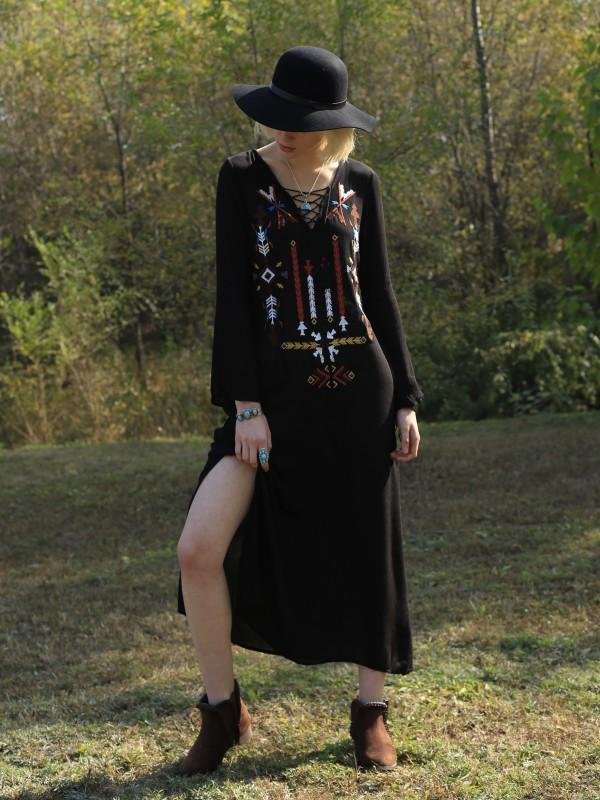 Bohemia Embroidery Long Sleeve Side Split Maxi Dress