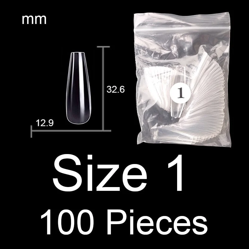 100 Pieces Full Cover Coffin Nails Single Size Ballet Shape Ballerina False Nail Tips Natural Transparent Size 0 ~ 9 Available-Nail Inspo