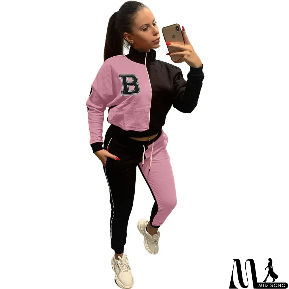 MidiSono - Women Casual Letter B Colorblock Long Sleeve Top And Pant Two Piece Set