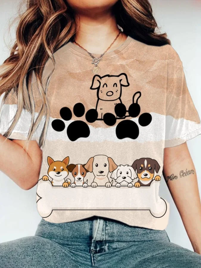 Women's Animal Puppy Print Retro Crew Neck T-Shirt