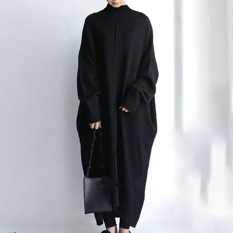 Loose High Collar Sweater Midi Dress - yankia