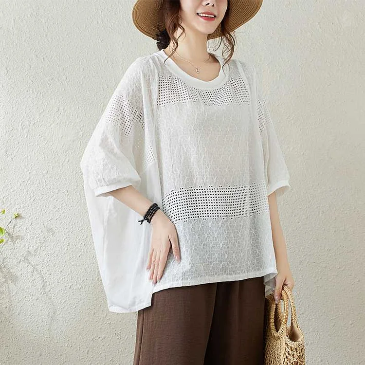 Loose Crochet Hollow Out Round Neck T-Shirt