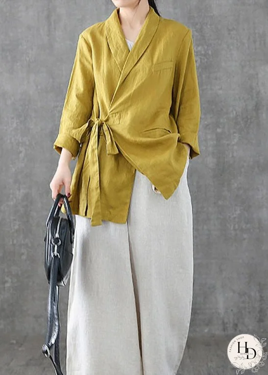 Unique Yellow Peter Pan Collar Pockets Tie Waist Patchwork Linen Coats Spring