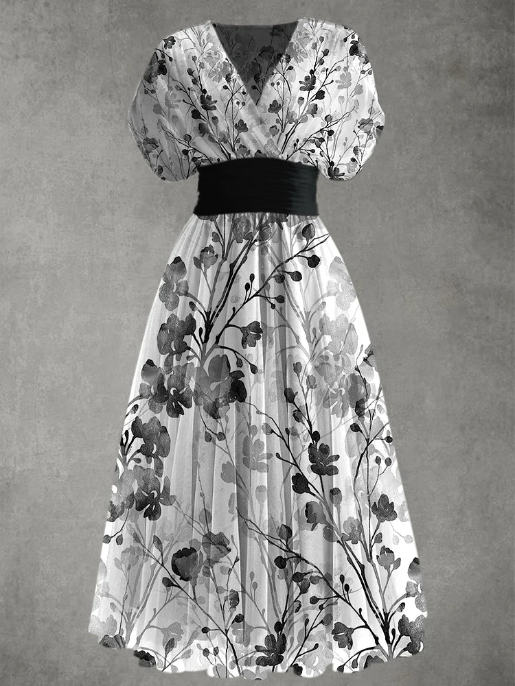 Retro Boho Floral Art Printed Elegant V-Neck Chic Chiffon Short Sleeve Maxi Dress