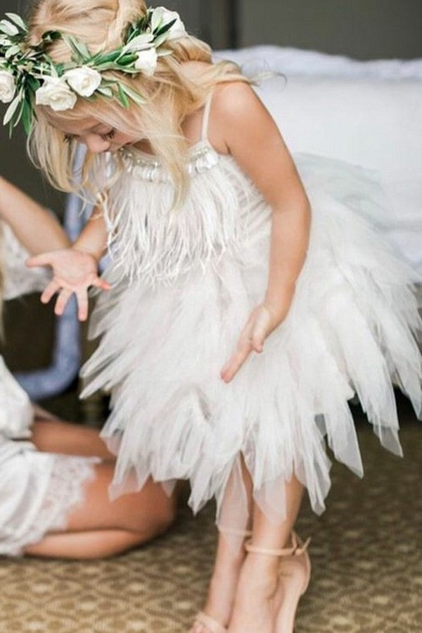 Oknass Cute A-line Spaghetti Straps Flower Girl Dresses Tea Length with Feathers