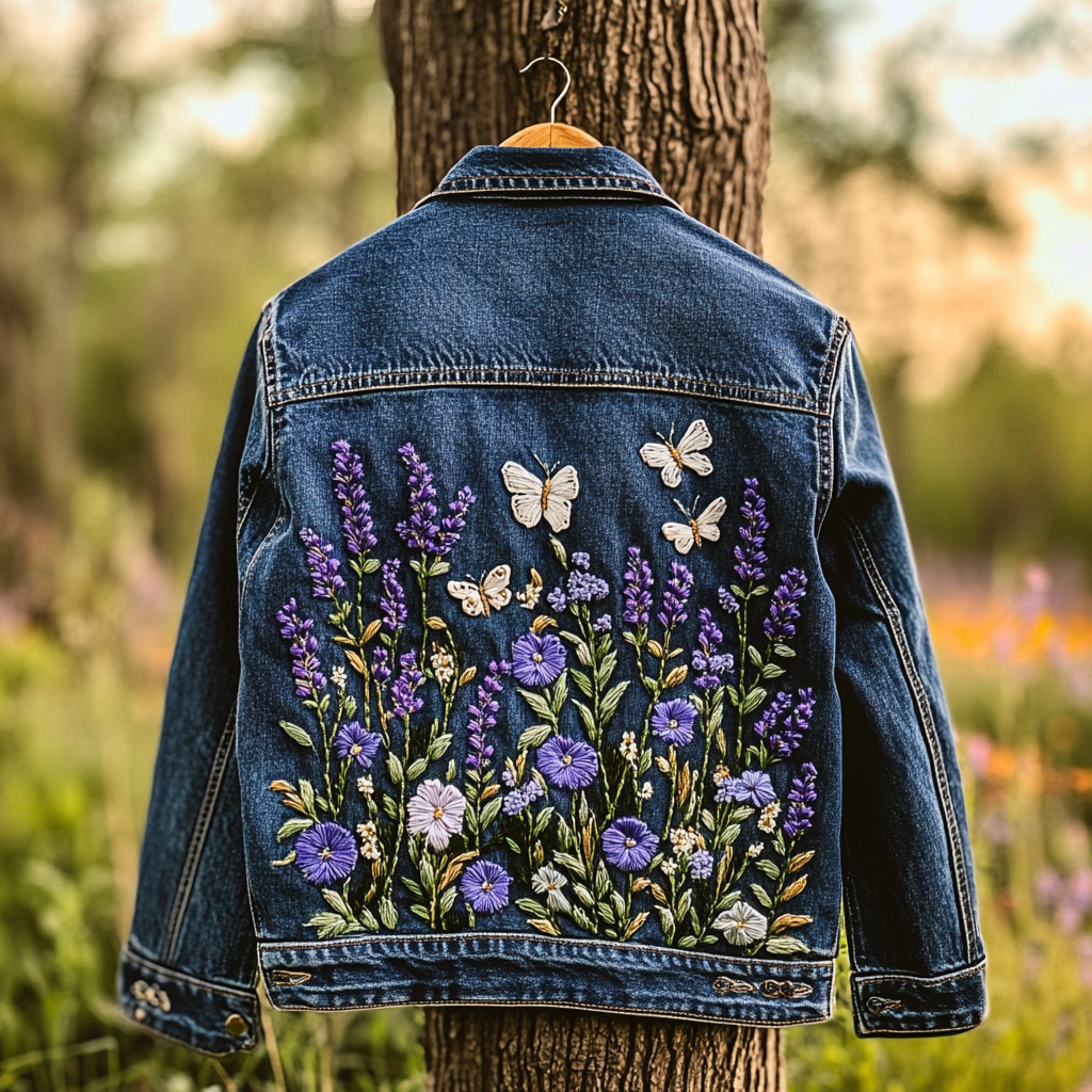 Comstylish Women's Lavender Floral & Butterfly Embroidery Art Denim Jacket