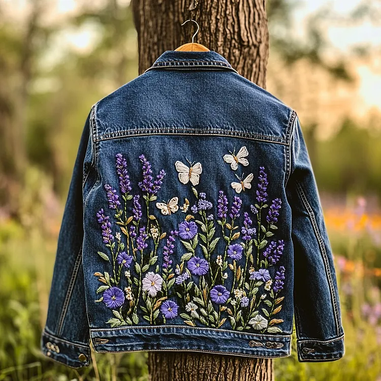 Women's Lavender Floral & Butterfly Embroidery Art Denim Jacket