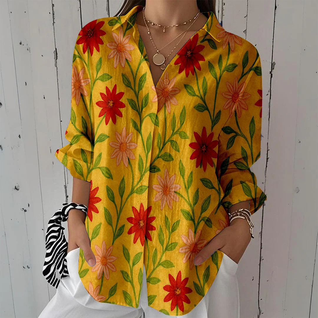 Style & Comfort for Mature Women Women Floral, Orange, Red DZCL0216 3/4 Sleeve Shirt Collar Printed Button Tops