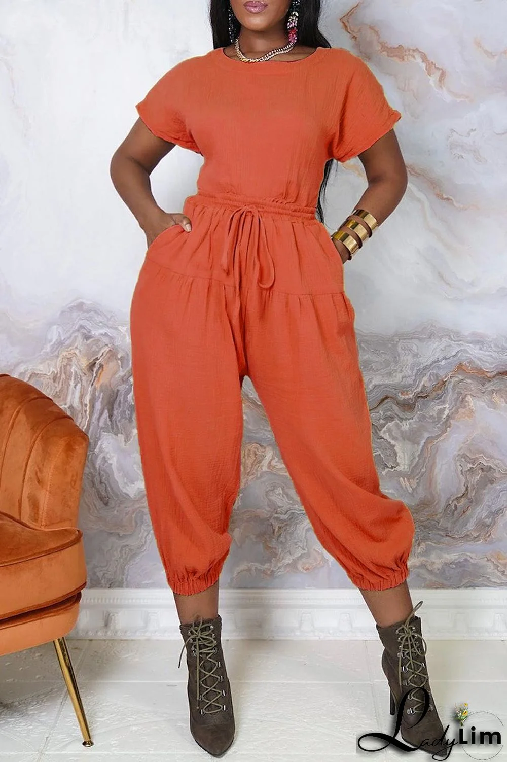 Army Green Fashion Casual Solid Color Halter Short Sleeve Top Two Pieces Set