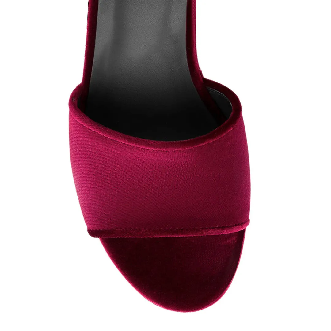 Burgundy Velvet Open Round Toe Platform Mules with Chunky Heel
