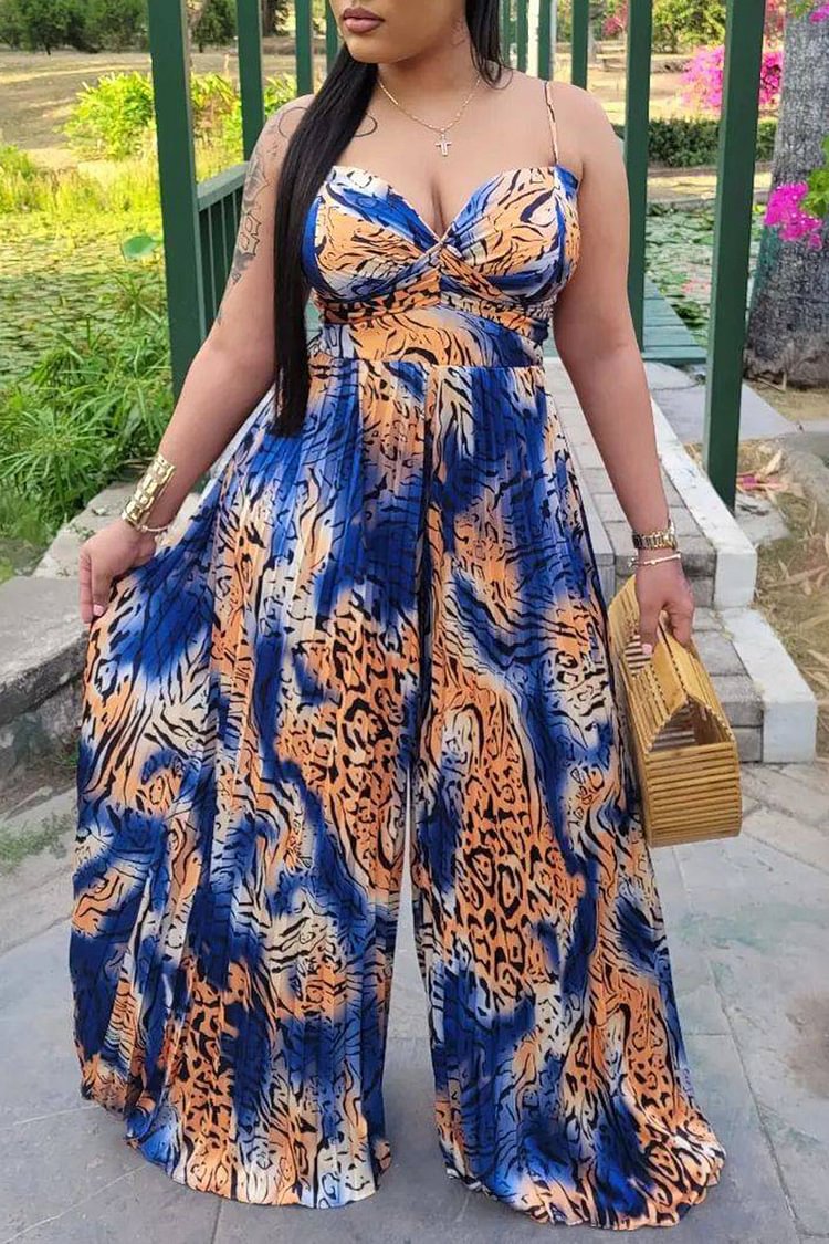 Plus Size Blue All Over Print Vacation Pleated Jumpsuits [Pre-Order]