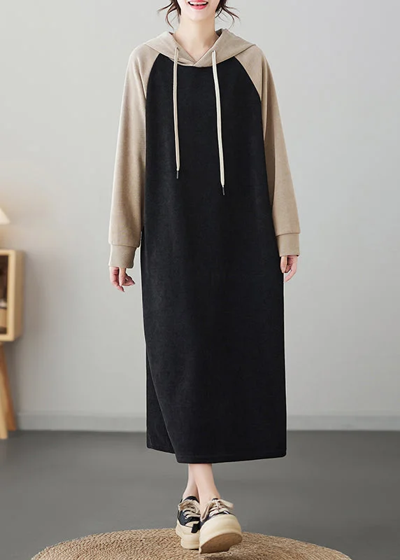 Plus Size Black Patchwork Cotton Hooded Sweatshirt Dresses Fall
