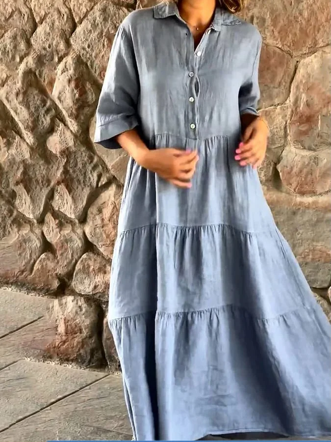 Women's Lapel Solid Color Large Hem Sleeve Casual Cotton And Linen Dress